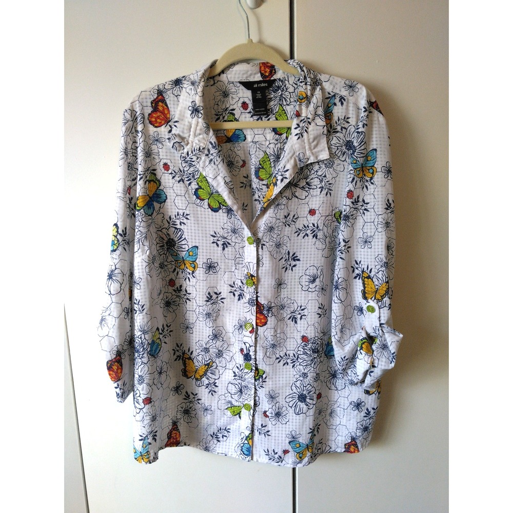 Ali Miles Butterfly Floral Womens Tunic Shirt Size 1x Button Front Semi Sheer